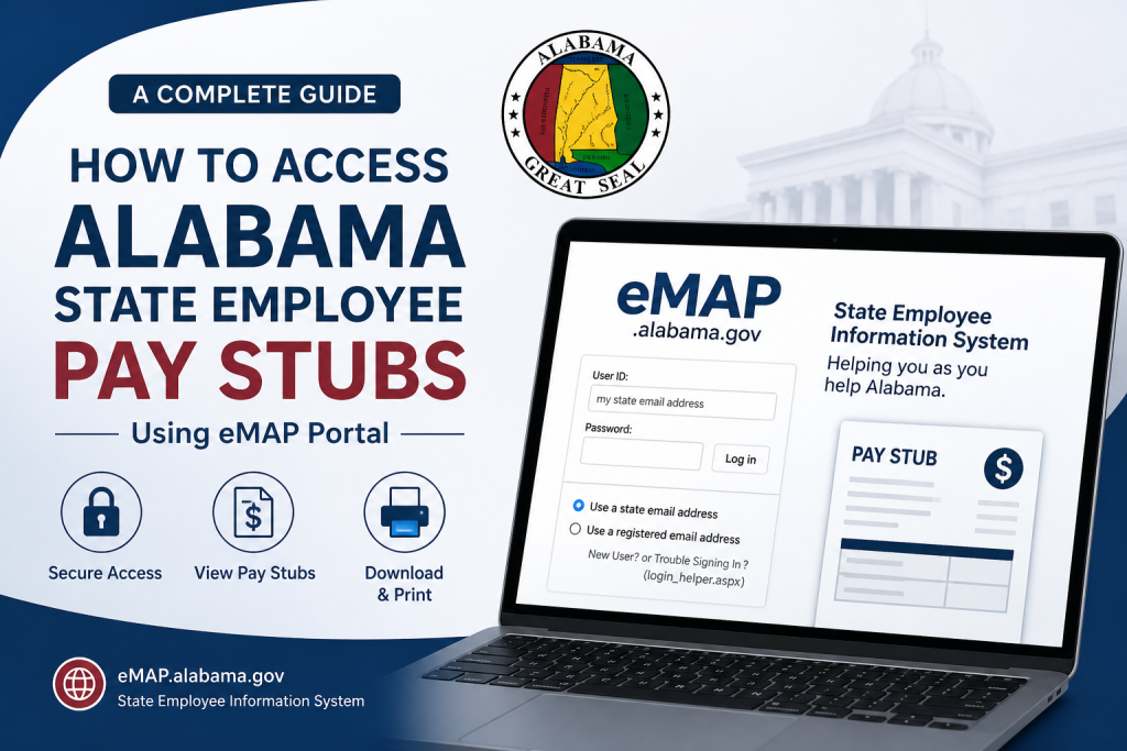Poster promoting Alabama State Employee eMAP portal to view, download, and print pay stubs, with secure access icon and laptop image.