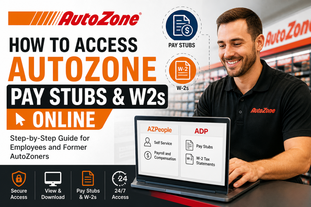 AutoZone ad banner about accessing pay stubs and W-2s online, with a store employee at a laptop.
