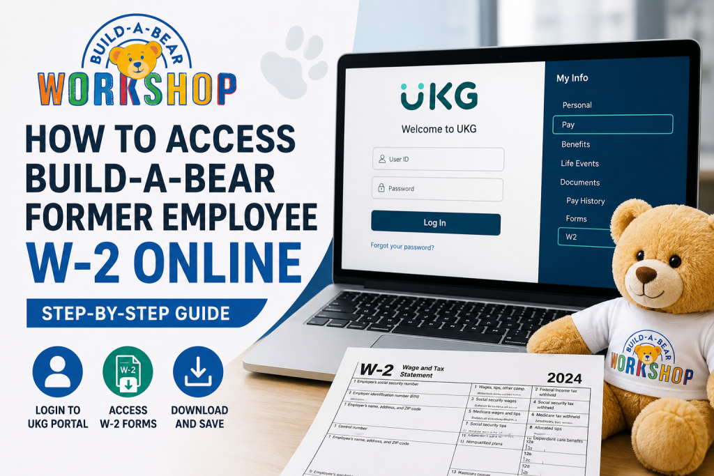 Promotional poster for Build-A-Bear's W-2 Online guide, featuring a teddy bear mascot, a laptop login screen, and a W-2 form.