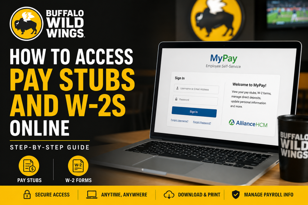 How to Access Buffalo Wild Wings Pay Stubs and W-2s Online Buffalo Wild Wings employees can access pay stubs and W-2 forms online through the MyPay Employee Self-Service portal powered by AllianceHCM. Employees must visit the official login page, enter their username and password, and navigate to the payroll or tax documents section to download pay statements and W-2 forms. The portal also allows employees to manage direct deposits, tax information, and personal details securely.