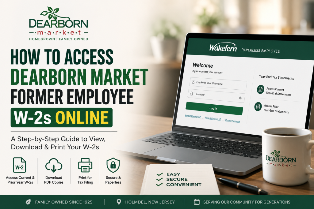 How do former Dearborn Market employees access W-2s online? Former Dearborn Market employees can access their W-2 forms online through the Wakefern Paperless Employee portal at https://www.paperlessemployee.com/wakefern/PE/Login . After logging in with their employee credentials, users can view, download, and print current or prior year W-2 tax statements securely from the Year-End Tax Statements section.