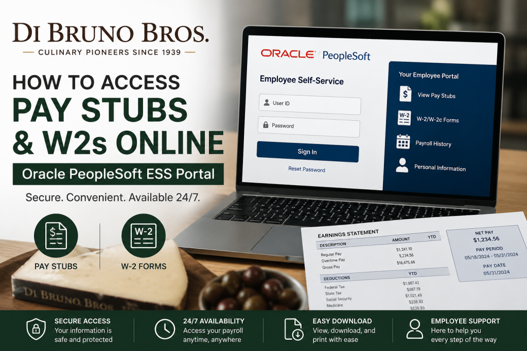 Banner advertising how to access pay stubs and W-2 forms online via Oracle PeopleSoft ESS Portal, with a laptop login screenshot and cheese dish in foreground and service icons below.