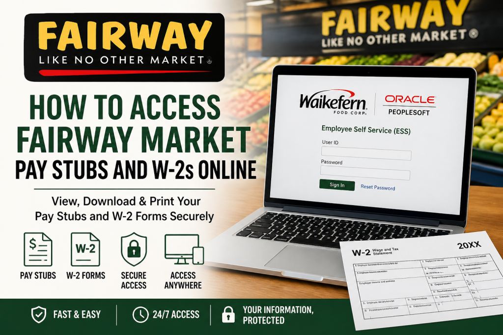 How do Fairway Market employees access pay stubs and W-2s online? Fairway Market employees can access pay stubs and W-2 forms online through the Wakefern Oracle PeopleSoft Employee Self-Service (ESS) portal at https://ess.wakefern.com/ . Employees must log in using their User ID and password, then navigate to Payroll and Compensation to view, download, or print payroll and tax documents securely.