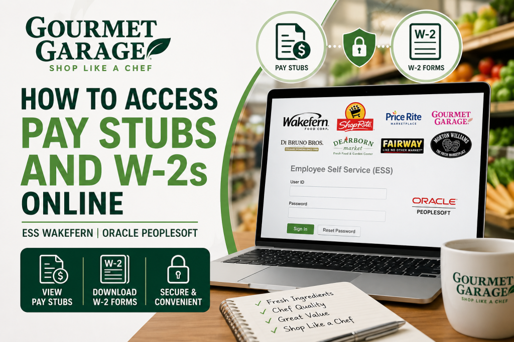 How to Access Gourmet Garage Pay Stubs and W-2s Online Gourmet Garage employees can access pay stubs and W-2 forms online through the Wakefern Oracle PeopleSoft Employee Self-Service (ESS) portal at https://ess.wakefern.com/ . After logging in with your User ID and password, navigate to Self Service > Payroll and Compensation > View Paycheck to download pay stubs or select View W-2/W-2c Forms to retrieve tax documents.
