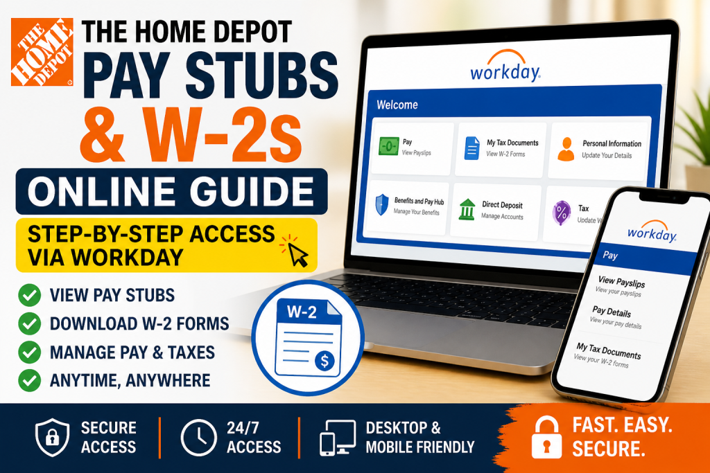 To access Home Depot pay stubs and W-2s, log in to the Workday portal using your employee credentials. Navigate to the Pay section to view payslips or go to My Tax Documents under the Benefits and Pay Hub to download your W-2. Former employees can use the direct Workday login link if SSO access is unavailable.