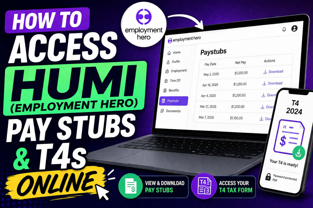 How do you access Humi (Employment Hero) pay stubs and T4s? To access your pay stubs in Employment Hero (formerly Humi), log in to your account, navigate to the Paystubs section, and select the desired pay period to view or download. Alternatively, use the pay day email link for direct access. Your T4 tax form is typically sent to your registered email as a secure attachment, or you can retrieve it through your CRA account if needed.