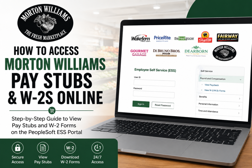 Promotional banner about accessing Morton Williams pay stubs and W-2s online; laptop screen shows an employee self-service portal with login fields and navigation icons at bottom.