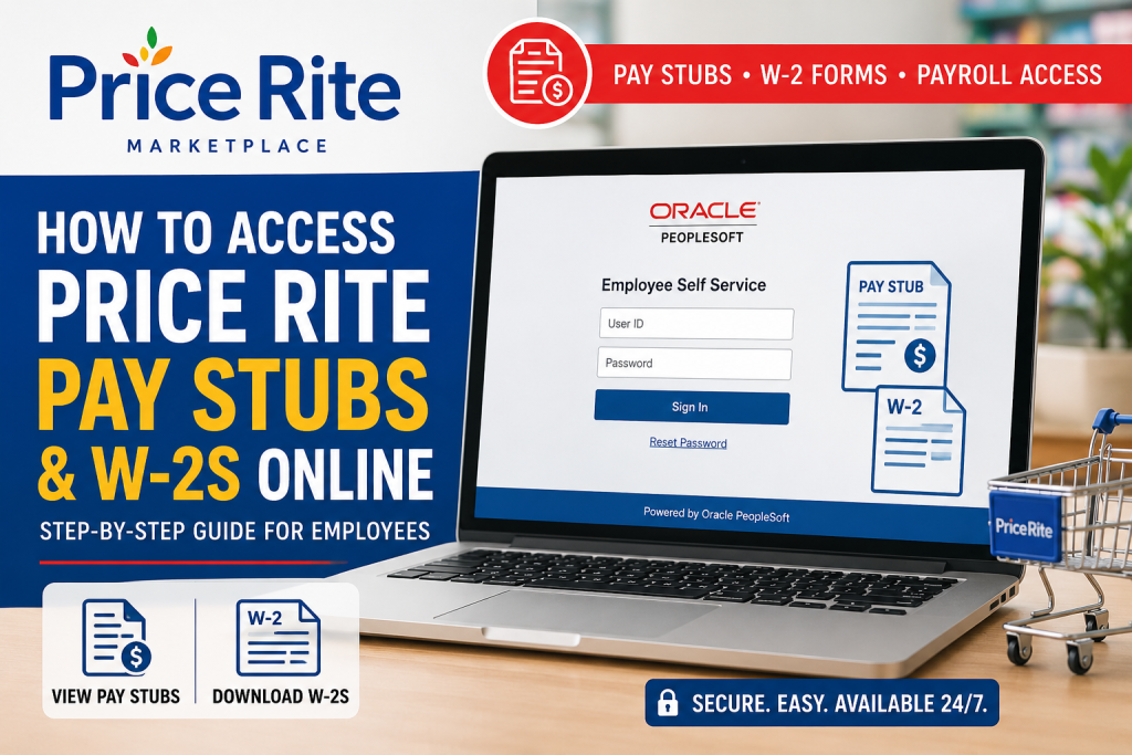 How do Price Rite employees access pay stubs and W-2s online? Price Rite employees can access pay stubs and W-2 tax forms online through the Wakefern Oracle PeopleSoft Employee Self-Service (ESS) portal at https://ess.wakefern.com/ . After signing in with their User ID and password, employees should navigate to Self Service > Payroll and Compensation > View Paycheck to view payslips or select W-2/W-2c Forms to download tax documents.