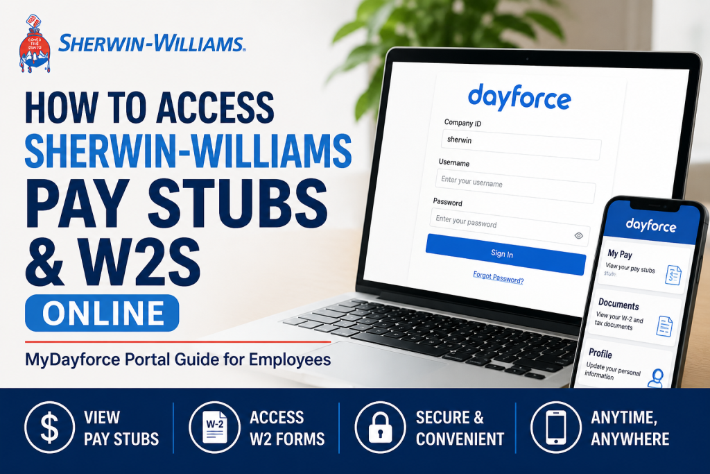 How to Access Sherwin-Williams Pay Stubs and W2s Online Sherwin-Williams employees can access pay stubs and W-2 tax forms online through the MyDayforce self-service portal. Visit the Dayforce login page, enter the Company ID sherwin, and sign in using your employee credentials. After logging in, navigate to the Earnings section to view pay stubs or the Tax Documents section to download W-2 forms. Former employees may also access previous tax forms using their Sherwin-Williams login credentials.