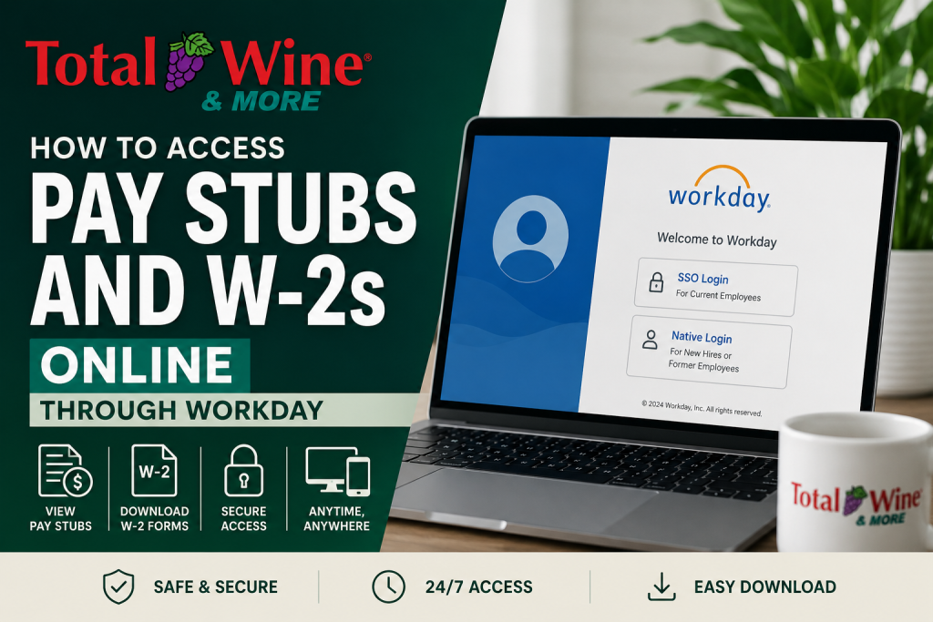 How do Total Wine employees access pay stubs and W-2s online? Total Wine employees can access pay stubs and W-2 forms through the Workday self-service portal. Active employees should use the SSO Login option, while new hires or former employees can use the Native Login option. After signing in, employees can open the Pay section to view payslips, tax documents, payroll history, and downloadable W-2 forms.