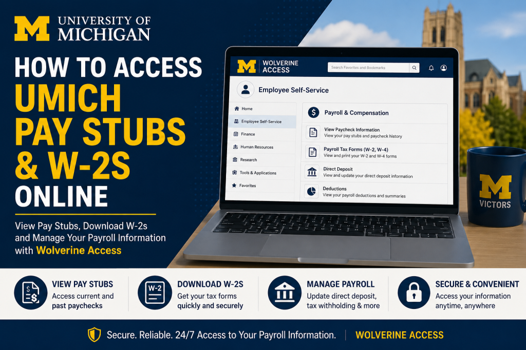 How do UMICH employees access pay stubs and W-2s online? University of Michigan employees can access pay stubs and W-2 forms online through the Wolverine Access Employee Self-Service portal. Employees must log in using their U-M uniqname and password, then navigate to Payroll & Compensation to view paycheck history, tax forms, direct deposit details, and payroll information.