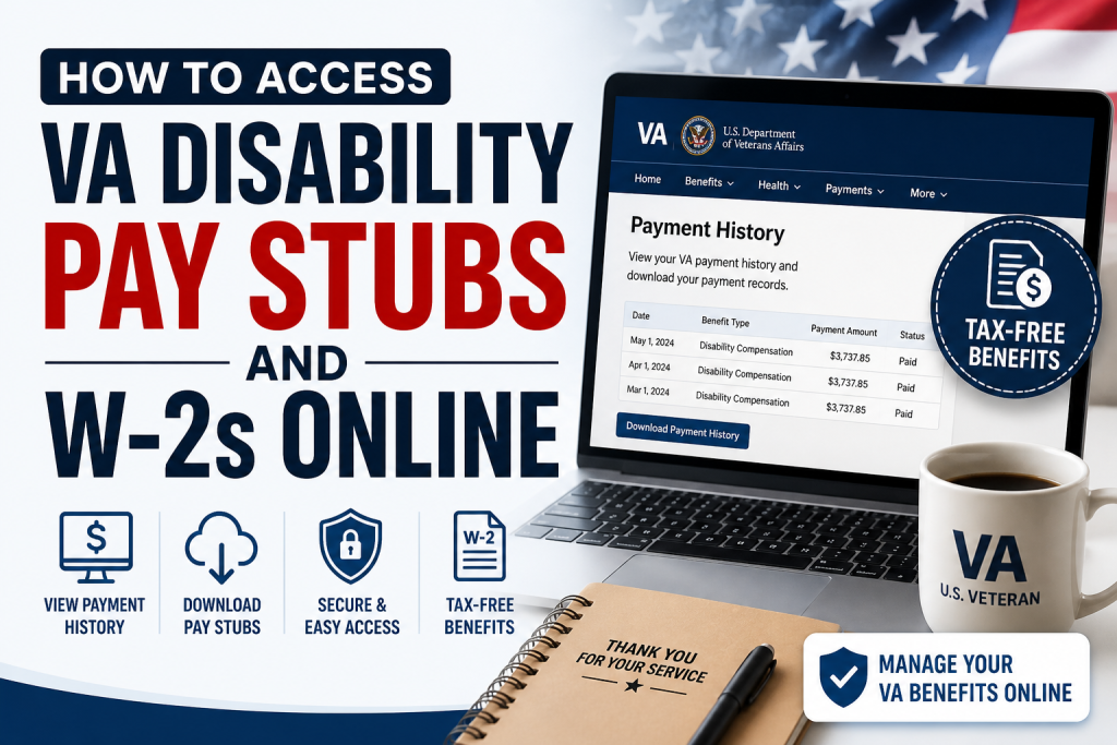 Log in to VA.gov using a verified account (ID.me or Login.gov), navigate to “Payment History,” and download your payment records as PDF files. These serve as official income documentation since VA disability benefits are tax-free and do not include W-2 forms.