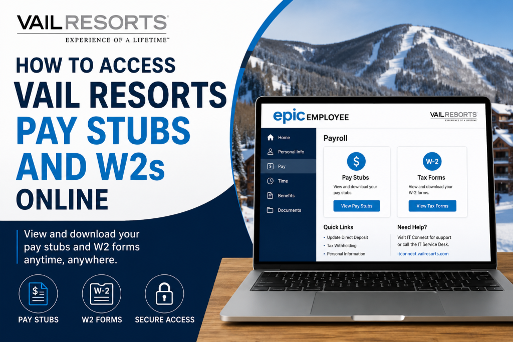 Promotional banner for Vail Resorts: access pay stubs and W-2 forms online, with a laptop payroll dashboard beside snowy mountains (branding: Epic Employee).
