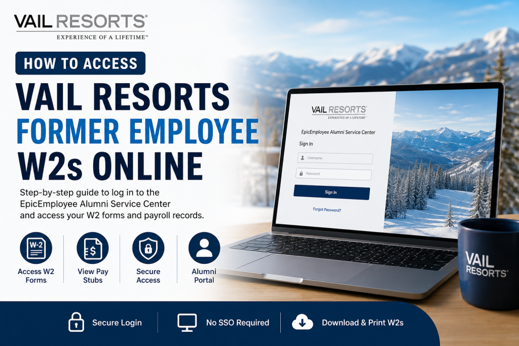 How do former employees access Vail Resorts W2 forms online? Former employees of Vail Resorts can access W-2 forms online through the EpicEmployee Alumni Service Center at https://epicemployee.vailresorts.com/alumni . Users can log in directly with their alumni username and password without using Single Sign-On (SSO). After signing in, navigate to the payroll or tax documents section to download and print W-2 statements.