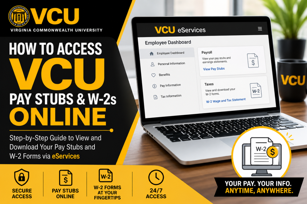 VCU employees can access their pay stubs and W-2 forms through the VCU eServices portal. Log in using your eID and password, go to the “Employee” tab, open the Employee Dashboard, and navigate to the Payroll or Taxes section. From there, you can view, download, or print your earnings statements and W-2 tax forms for any available year.