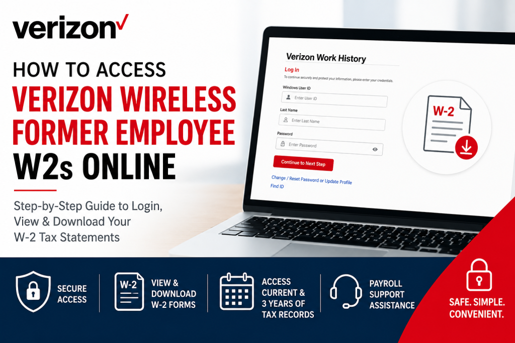 How do former Verizon Wireless employees access W2 forms online? Former Verizon Wireless employees can access their W-2 tax forms online through the Verizon Work History Site at Verizon Work History Site . Users must log in with their former Verizon Windows User ID, last name, and default password consisting of their User ID plus birth year. After account activation, employees can securely view, download, and print current and previous W-2 statements online.