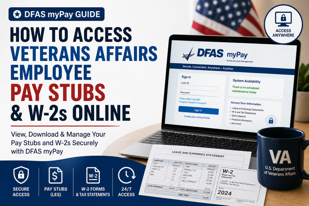 Veterans Affairs (VA) employees can access their pay stubs and W-2 forms through the official DFAS myPay portal (https://mypay.dfas.mil/ ). After logging in with a Login ID, password, and two-factor authentication, users can navigate to the Leave and Earnings Statement (LES) section to view pay stubs or the Tax Statements (W-2) section to download annual tax forms. The platform is available 24/7 and allows employees to securely view, print, and save payroll documents online