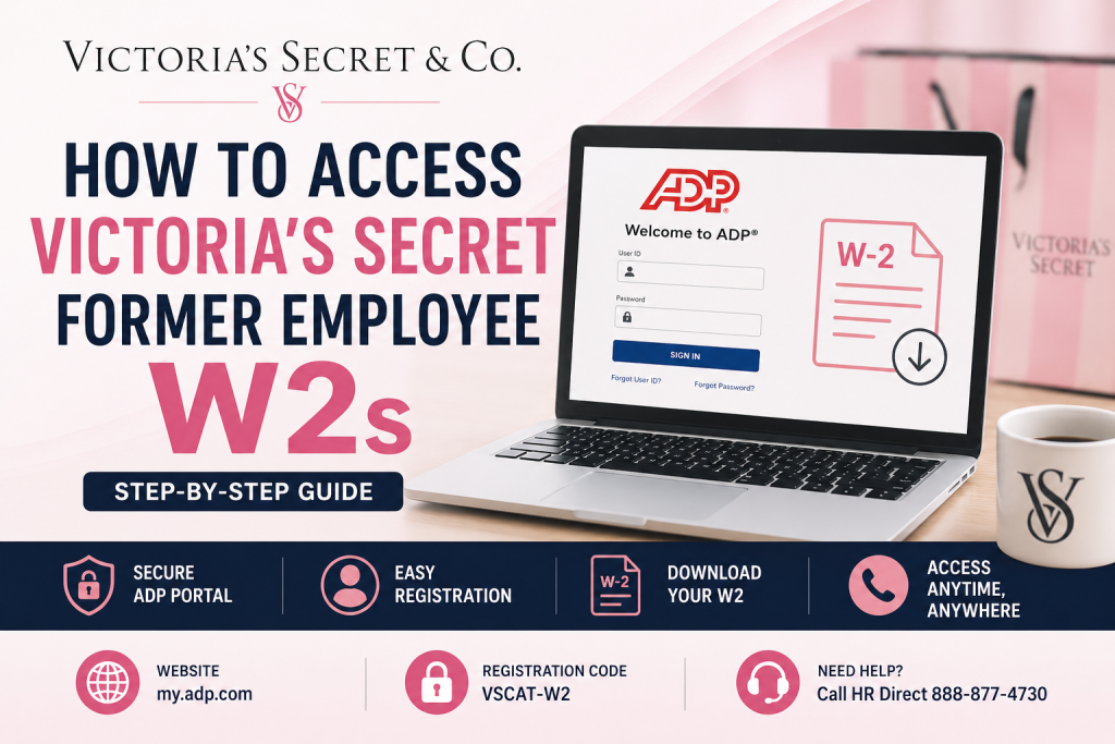 How do former employees access Victoria’s Secret W2s online? Former employees of Victoria’s Secret & Co. can access W-2 forms online through the ADP self-service portal at my.adp.com. To register, select “Create Account,” choose “I Have a Registration Code,” and enter the registration code VSCAT-W2. After identity verification, employees can download and print their W-2 forms electronically.