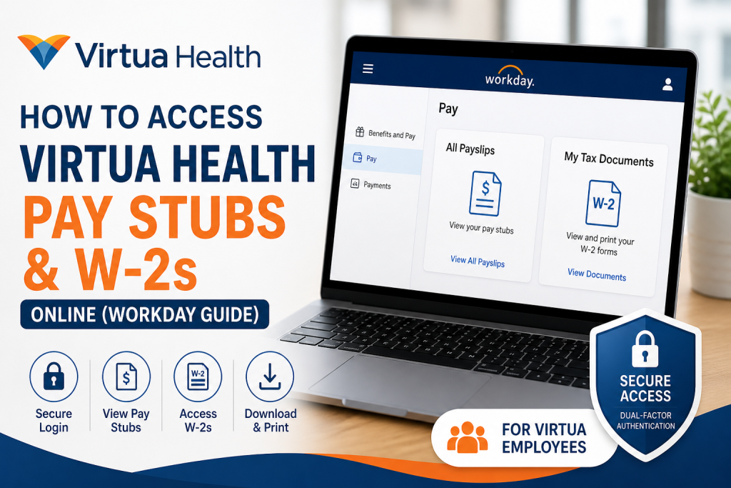 Virtua Health employees can access their pay stubs and W-2 tax forms through the Workday self-service portal. After logging in with dual-factor authentication, navigate to Benefits and Pay → Pay → Payments to view payslips, or go to Pay Dashboard → My Tax Documents to access W-2 forms. Documents can be viewed, downloaded, or printed directly from Workday.