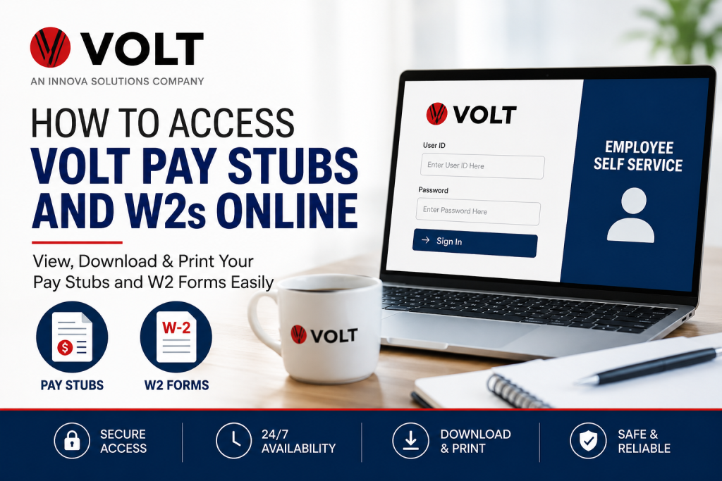 Volt promotional banner showing a laptop login screen and text about accessing pay stubs and W-2s online, with icons for pay stubs and W-2 forms on a desk beside a Volt mug.