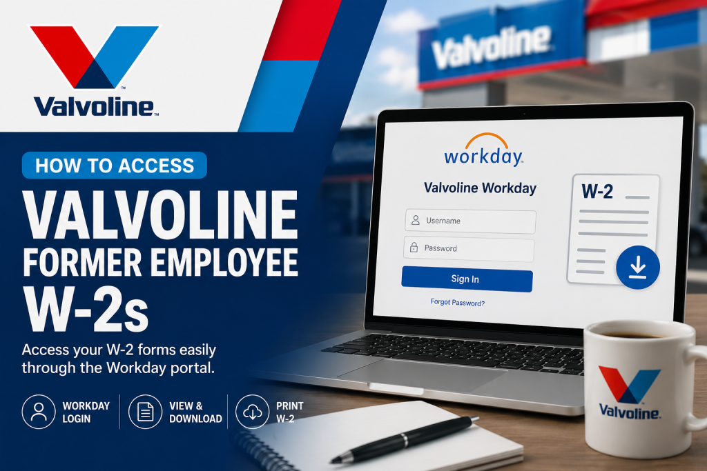 Promotional banner showing Valvoline Workday login for accessing W-2 forms, with laptop display and company branding