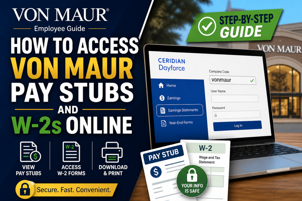 To access your Von Maur pay stubs and W-2 forms, log in to the Dayforce HCM portal at www.dayforcehcm.com using the company code vonmaur. Navigate to the Earnings section to view pay stubs under “Earnings Statements” or access tax documents under “Year-End Forms.” You can download or print these documents directly from your dashboard.