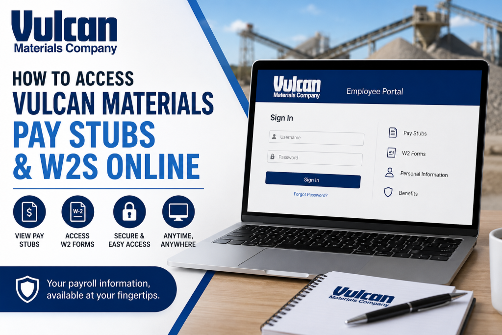 Vulcan Materials banner showing how to access pay stubs and W2s online with a laptop displaying the employee portal
