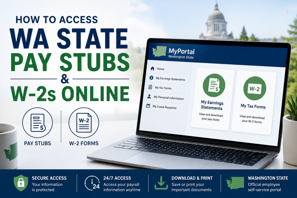 How do Washington State employees access pay stubs and W-2s online? Washington State employees can access pay stubs and W-2 forms online through MyPortal. Employees in agencies using EAD or ADFS should log in at MyPortal.wa.gov, while non-SSO users should use MyPortalExt.wa.gov. After logging in, employees can open the “My Earnings Statements” tile for pay stubs and the “My Tax Forms” tile for W-2s.