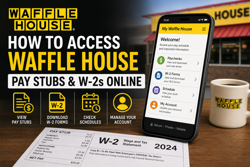 Waffle House guidance: how to access pay stubs and W-2s online, with icons for pay stubs, W-2 forms, schedules, and account management.",