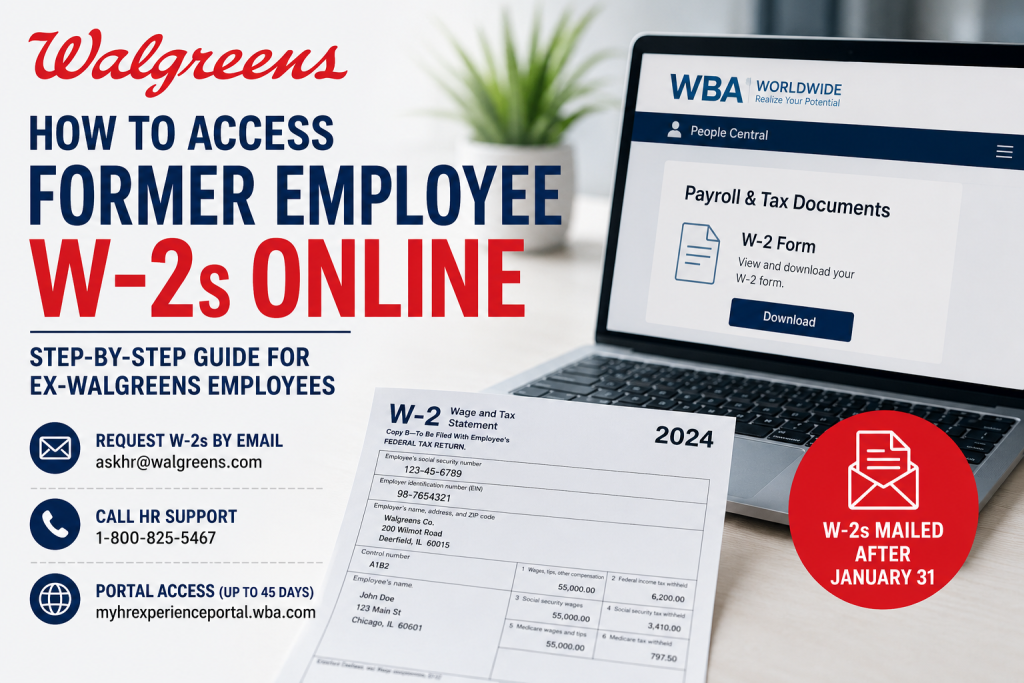 How to Access Walgreens Former Employee W-2s Former Walgreens employees can obtain W-2 forms by contacting Walgreens HR support through email or phone. Employees may temporarily access WBA Worldwide or People Central for up to 45 days after separation. After that period, W-2 forms are typically mailed to the employee’s address on file after January 31.