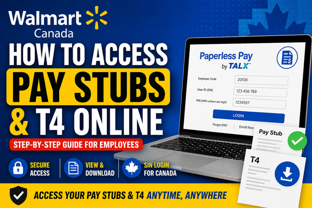 Walmart Canada poster about accessing pay stubs and T4 online, with a laptop login screen on the right.