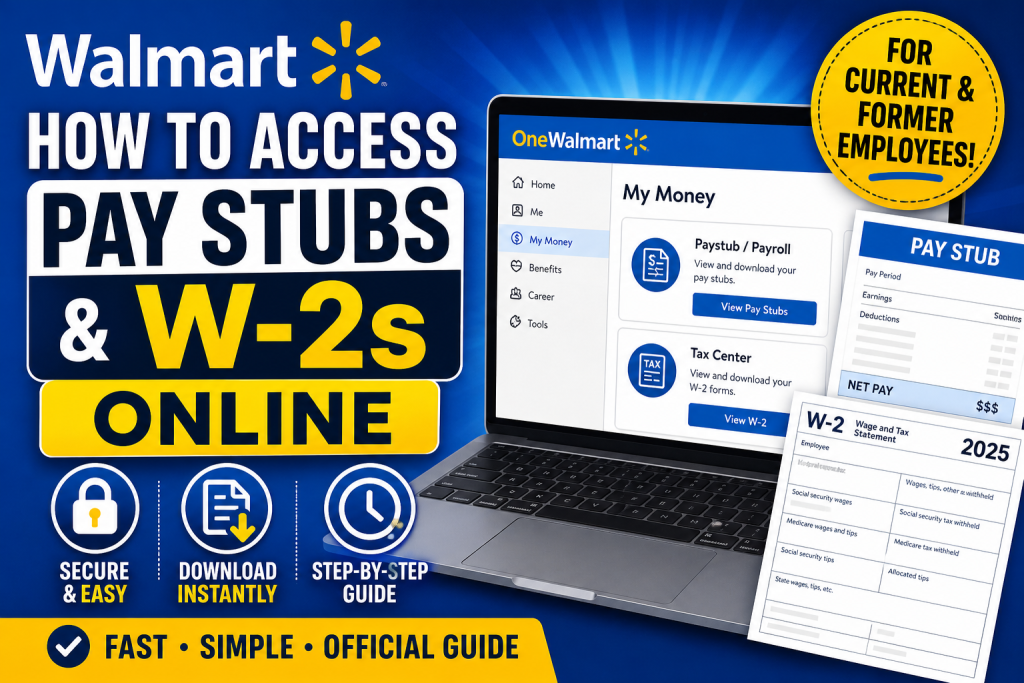 How do you access Walmart pay stubs and W-2s online? To access Walmart pay stubs and W-2 forms online, log in to OneWalmart (one.walmart.com) using your WIN and password, then go to Me → My Money → Paystub or Tax Center. Current employees can download pay stubs and W-2s directly from the portal. Former employees should use MyTaxForm.com (Employer Code: 10108) to retrieve W-2s. If you cannot log in, contact Walmart People Services or request a tax transcript from the IRS.
