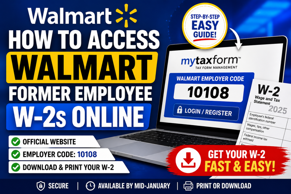How can former Walmart employees access their W-2 online? Former Walmart employees can access their W-2 forms through www.mytaxform.com using employer code 10108. After logging in or registering, users must verify their identity, optionally consent to online delivery, and then download their W-2 directly from the dashboard. Online forms are typically available by mid-January.
