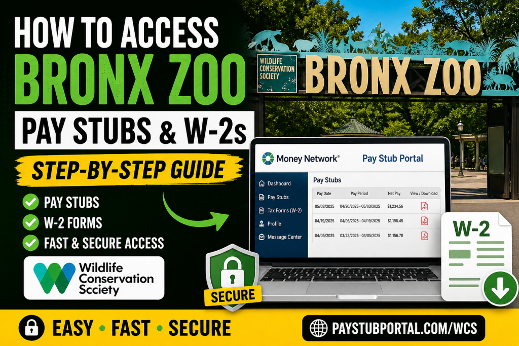 Promotional banner for Bronx Zoo pay stubs and W-2s with a laptop showing the Pay Stub Portal by Money Network; includes Wildlife Conservation Society branding and W-2 icon.