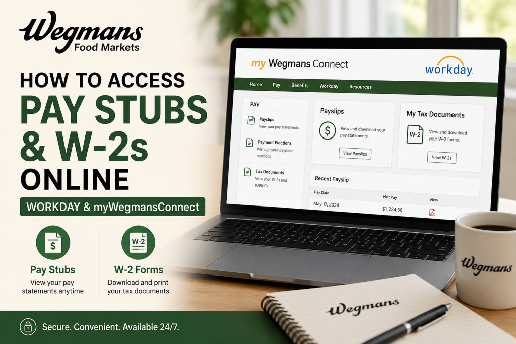 Wegmans ad about accessing pay stubs and W-2s online; laptop screen shows the Wegmans Connect portal with Pay Stubs and W-2 Forms icons.