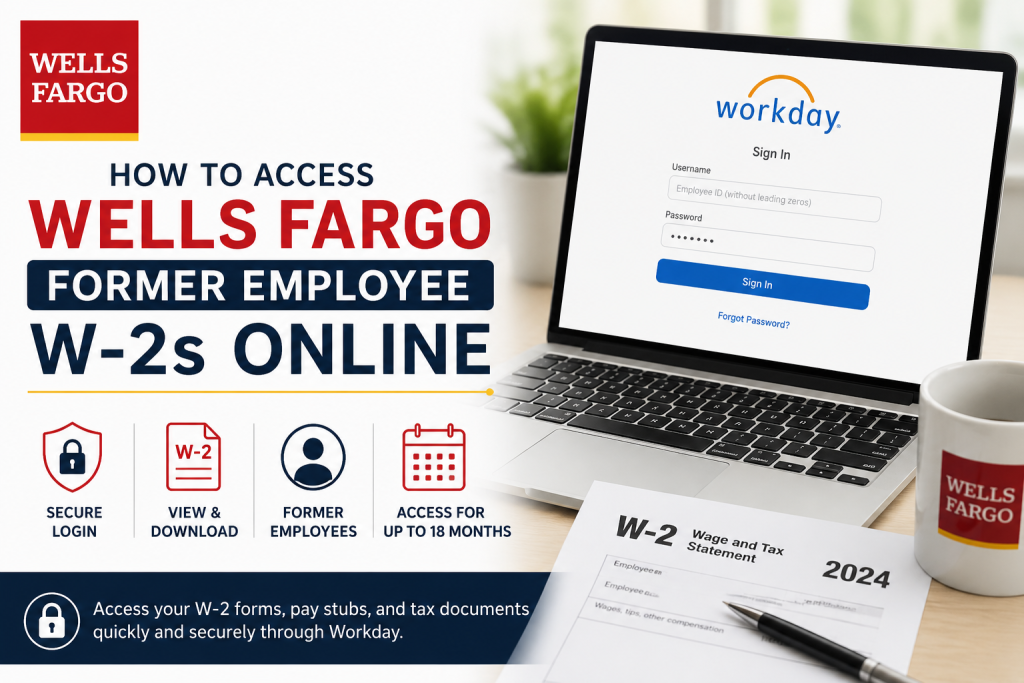 How to Access Wells Fargo Former Employee W-2s Online Former Wells Fargo employees can access W-2 tax forms online through the Workday self-service portal for up to 18 months after termination. To log in, visit the official Workday portal, enter your employee ID without leading zeros, and use your temporary or reset password linked to your personal email address. Once logged in, open the Pay and U.S. Benefits section and select Tax Documents to download or print your W-2 form.