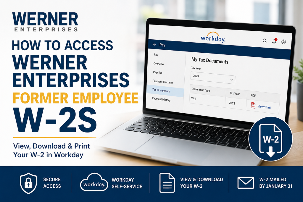 Promotional banner for Werner Enterprises: 'How to access W-2s' with a laptop displaying Workday tax documents and a circular W-2 download icon.