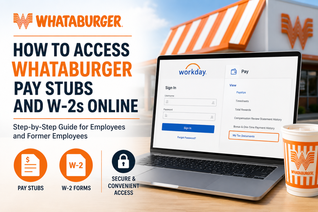 Whataburger-branded banner promoting online pay stubs and W-2s with a laptop showing a Workday login form.