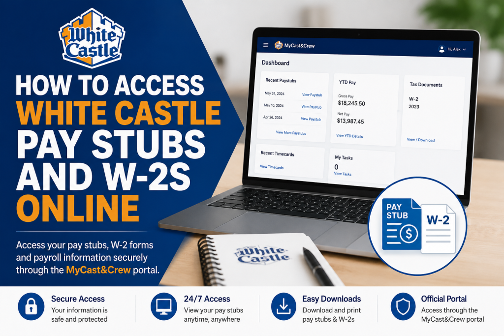 How do White Castle employees access pay stubs and W-2s online? White Castle employees can access their pay stubs and W-2 tax forms through the MyCast&Crew payroll portal at my.castandcrew.com . Employees must log in using their registered email address and password to view payroll records, tax documents, recent pay statements, and year-to-date earnings.