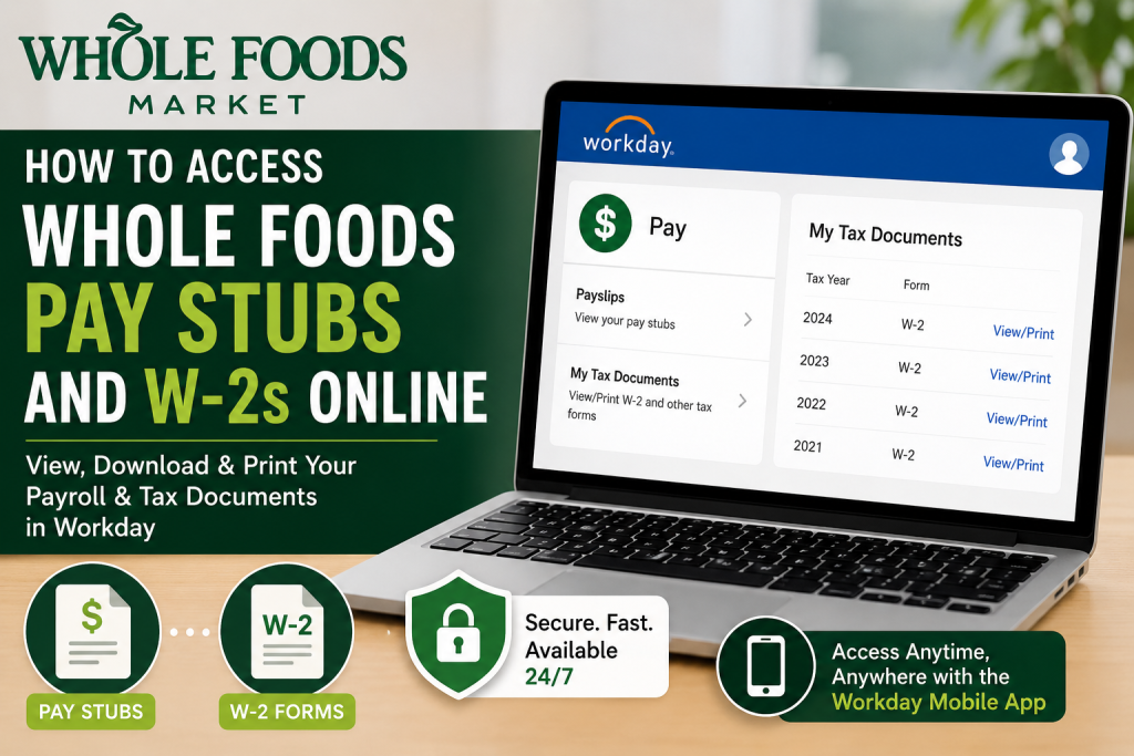 How to Access Whole Foods Pay Stubs and W-2s Online Current Whole Foods employees can access pay stubs and W-2 tax forms through the Workday self-service portal. Log in using your employee SSO credentials at the official Workday website, then navigate to Pay > Payslips for pay stubs or Pay > My Tax Documents to view and print W-2 forms. Employees can also use the Workday mobile app to access payroll information securely from a smartphone or tablet.