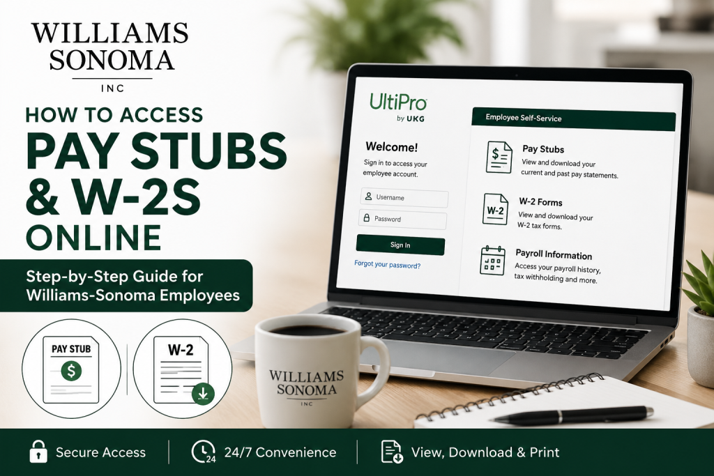 How do I access Williams-Sonoma pay stubs online? Williams-Sonoma employees can access pay stubs online through the UltiPro self-service portal. Visit the official employee login page, enter your username and password, then navigate to Myself > Pay > Pay History to view, download, or print payroll statements.