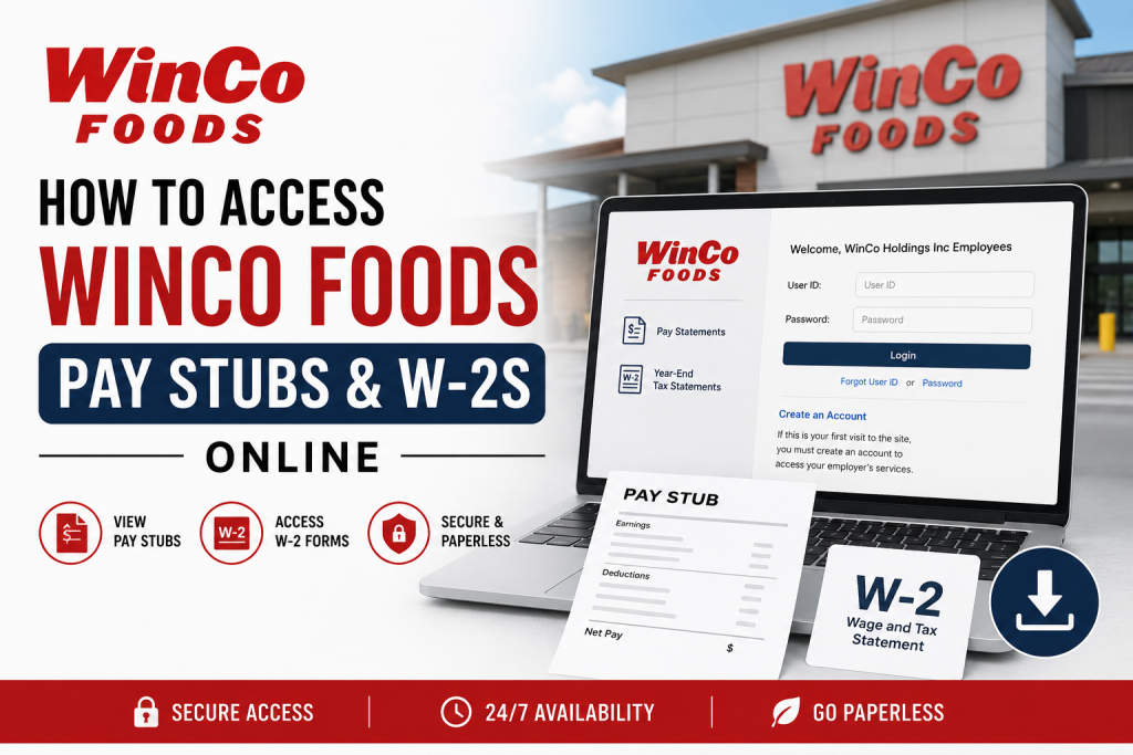 How to Access WinCo Foods Pay Stubs and W-2s Online WinCo Foods employees can access pay stubs and W-2 tax forms online through the Paperless Employee self-service portal. Employees must create an account using their employee number, Social Security Number, date of birth, and a valid email address. Once registered, employees can log in to view, download, print, and manage payroll records securely from any device.