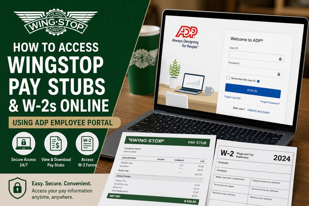 Poster promoting how to access Wingstop pay stubs and W-2s online, with an ADP employee portal on a laptop screen and printed pay documents nearby.