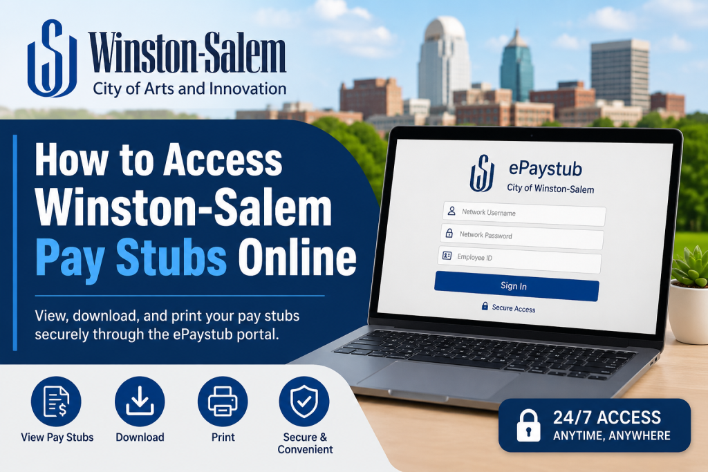 How to Access Winston-Salem Pay Stubs Online City of Winston-Salem employees can access their pay stubs online through the secure ePaystub self-service portal. Employees must sign in using their network username and password, then enter their employee ID number to view, download, or print payroll statements. The system provides secure 24/7 access to electronic pay records from any computer or mobile device.