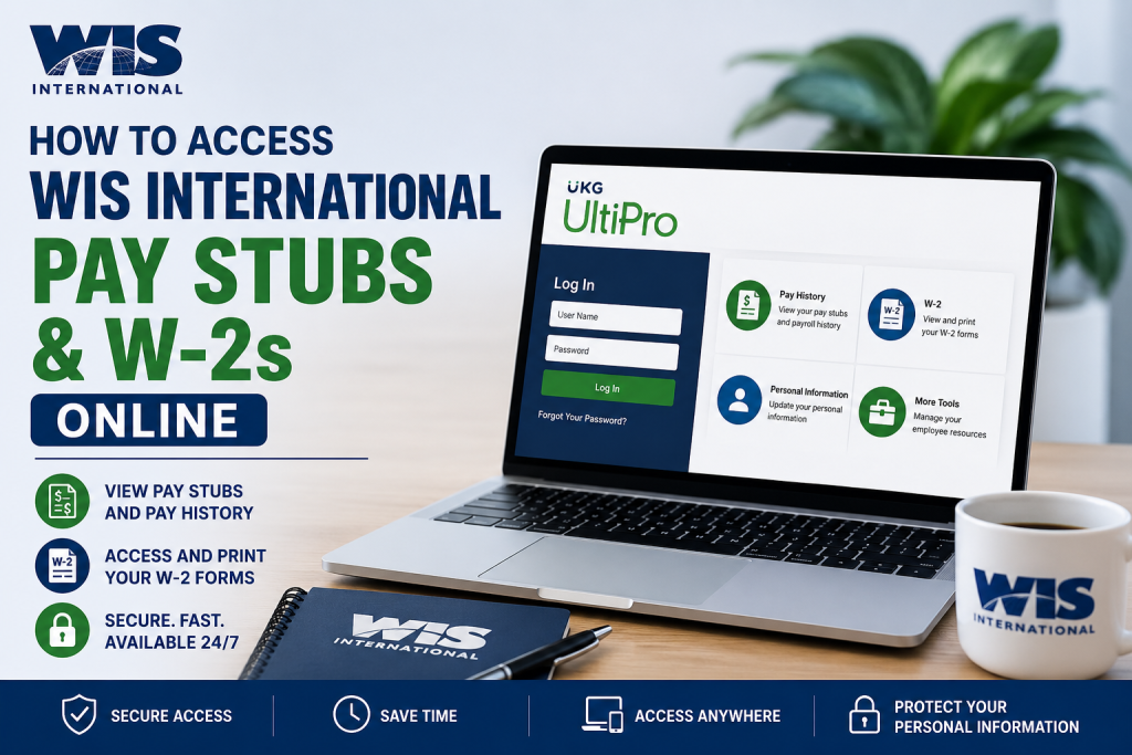 How to Access WIS International Pay Stubs and W-2s Online WIS International employees can access pay stubs and W-2 tax forms online through the UKG UltiPro self-service portal. To log in, visit the payroll portal, enter your username and password, then navigate to the “Myself” menu to view Pay History or W-2 forms. Employees can also reset passwords, update security questions, and enroll in electronic W-2 delivery through the platform.