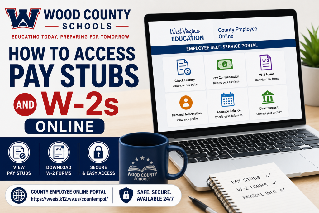 How do I access Wood County Schools pay stubs and W-2s online? Wood County Schools employees can access pay stubs and W-2 forms online through the official County Employee Online self-service portal at https://wveis.k12.wv.us/countempol/ . Employees must first register using their employee ID (99600####), County Code “96 WOOD,” last name, birth month/year, and the last four digits of their Social Security Number. Once logged in, employees can view paycheck history, W-2 tax forms, withholding information, and absence balances.