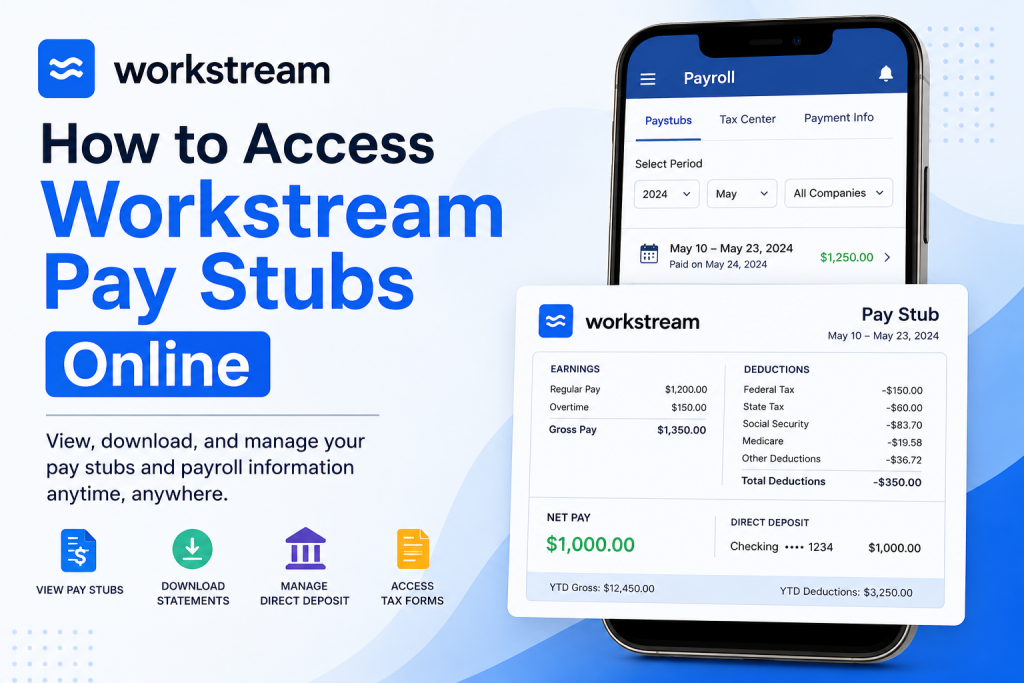 Promotional banner showing the Workstream app for accessing pay stubs online, with a phone mockup and a pay stub document.