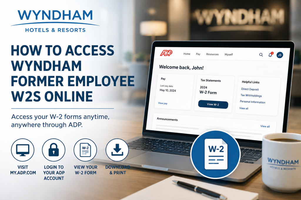 How do former Wyndham employees access W-2 forms online? Former Wyndham employees can access W-2 forms online through the ADP self-service portal at my.adp.com if they enrolled in electronic delivery. Employees can log in, navigate to Tax Statements, and download their W-2 forms instantly.