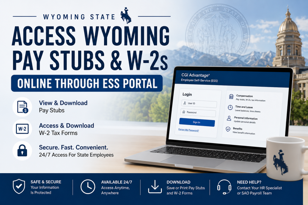 How do Wyoming State employees access pay stubs and W-2s online? Wyoming State employees can access pay stubs and W-2 forms through the official Employee Self-Service (ESS) Portal at https://wyess.hostams.com/PRDESS1X1/Advantage4 . After logging in with their User ID and password, employees can navigate to the Compensation section to view payroll records, tax forms, deductions, and direct deposit information.