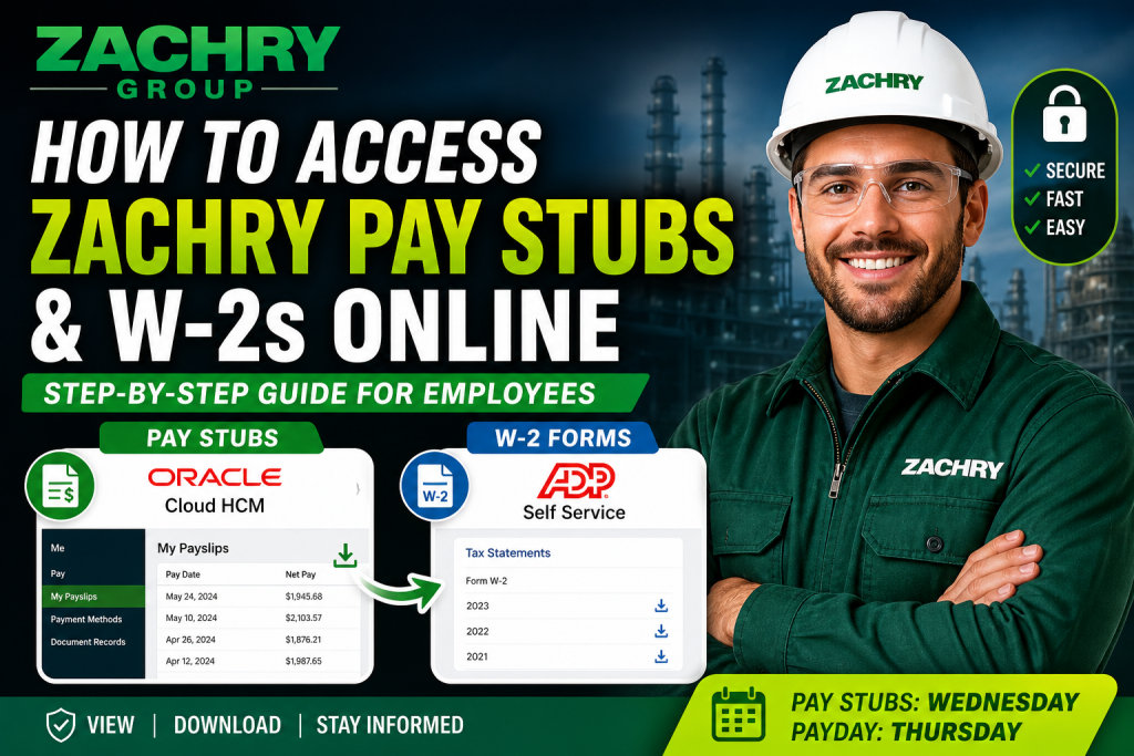 Zachry employees can access pay stubs through the Oracle HCM portal at https://hcm.zhi.com/ by navigating to Me → Pay → My Payslips. Payslips are available every Wednesday, with payments typically issued on Thursdays. W-2 forms can be retrieved via the ADP self-service portal at https://my.adp.com after completing account registration. Both platforms allow employees to securely view, download, and manage payroll documents anytime.